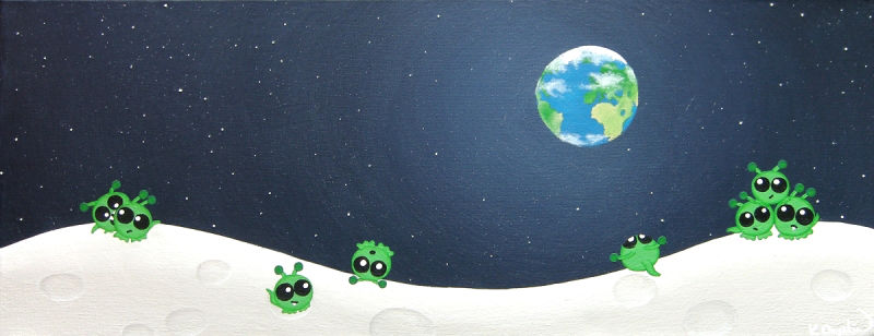 A painted lunar landscape with cute green aliens playing in the craters, with the Earth showing in the dark starry sky above
