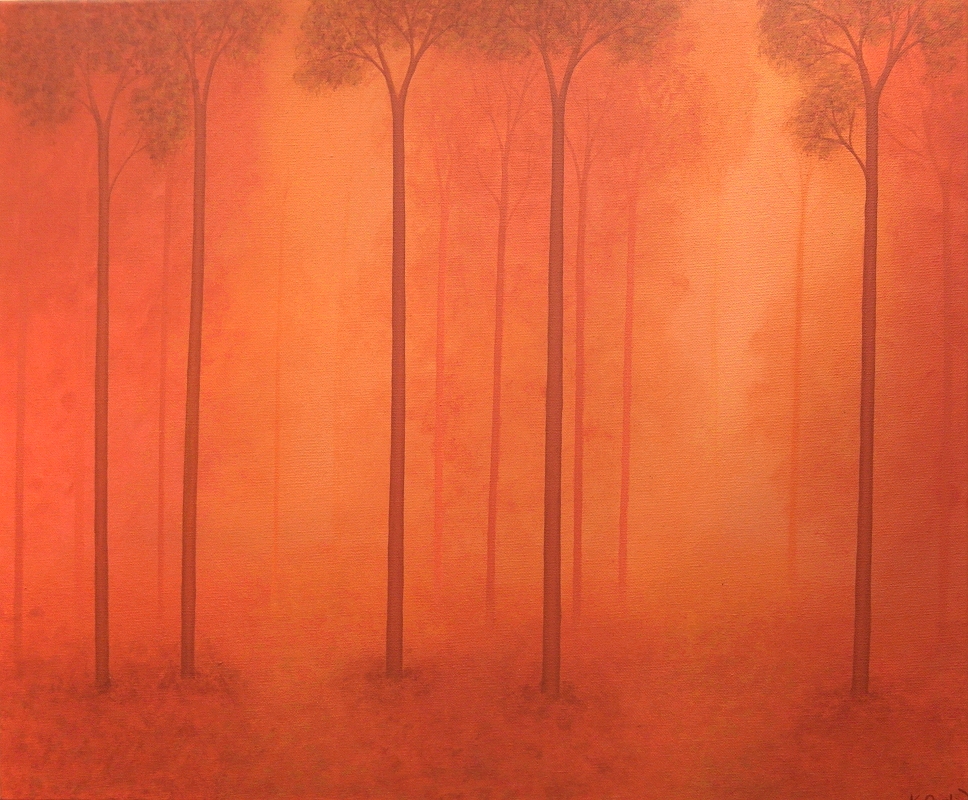 A woodland landscape painted in shades of orange, with trees disappearing into the distance