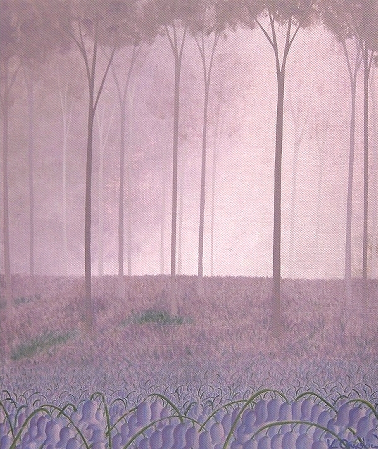 A woodland scene painted in shades of purple, with bluebells in the foreground and trees disappearing into the distance