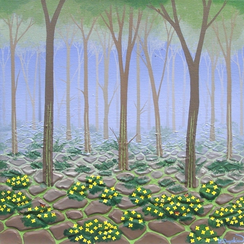 A painted woodland scene with cracks in the ground and running up the trees showing a bright green colour underneath