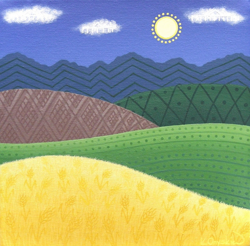 A painted landscape with hills at various stages of cultivation, and a moutain range in the background. Overlaying the scene are symbols from Ukrainian pysanky that represent the features underneath