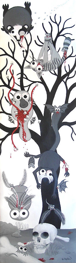 A tall greyscale and red painting with caroon animals that are being mutilated by smaller animals falling from the sky, with a large tree in the background and a skull and bones on the ground
