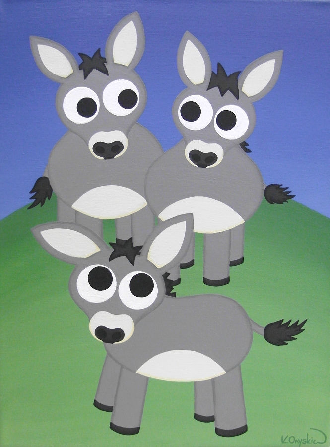 A painting of a cartoon mother, father and baby donkey stood on a green mound