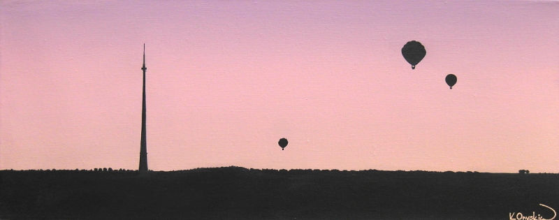 A painting landscape of Emley Moor tower in the early morning, with the silhouette of three balloons flying in the pink purple dawn sky