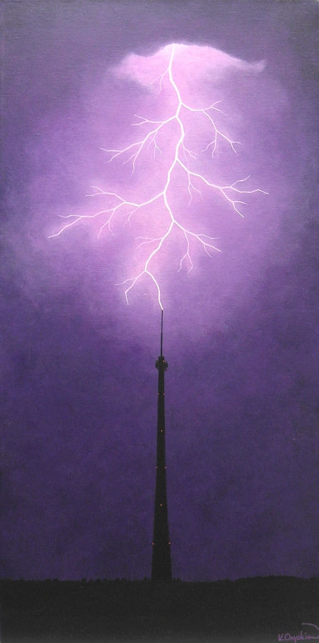 A painted scene of a lightning fork striking the silhouette of Emley Moor tower against a dark purple sky