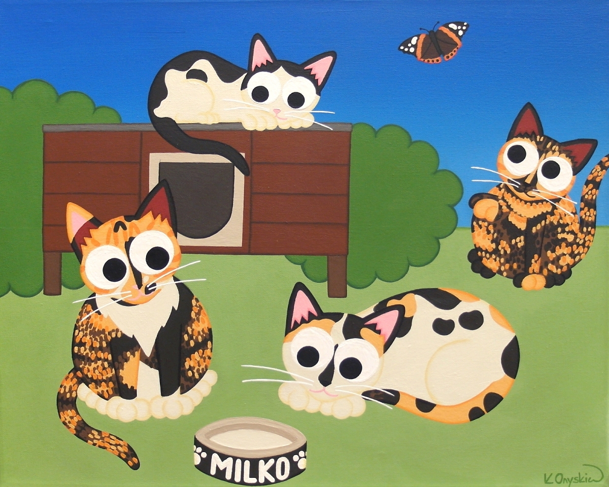An acrylic painting of 4 cartoon cats in a garden scene, a black and white cat lying on top of a hutch, two tortoiseshell cats looking at a bowl of milk with "Milko" on the side, and one tortoiseshell cat with its paw in the air trying to catch a butterfly