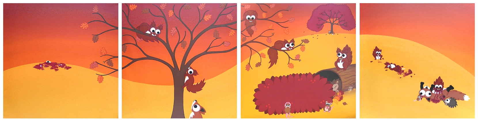 A cartoon landscape set in autumn painted over 4 panels. 2 panels are cute, and 2 panels turn darker with prey animals getting their gory revenge on the predators