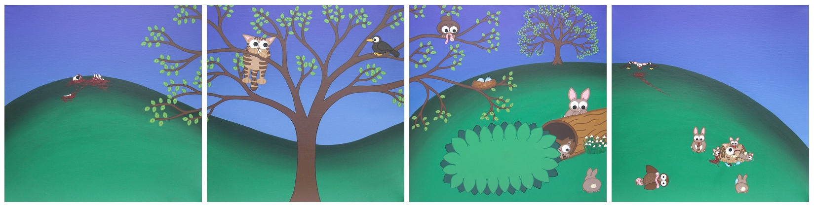 A cartoon landscape set in spring painted over 4 panels. 2 panels are cute, and 2 panels turn darker with prey animals getting their revenge on the predators