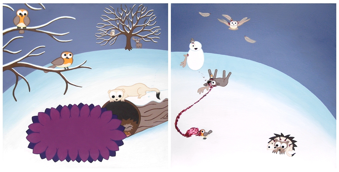 A snowy cartoon landscape set in winter painted over 2 panels. The first panel is cute, but on the second the prey animals are getting their revenge on the predators