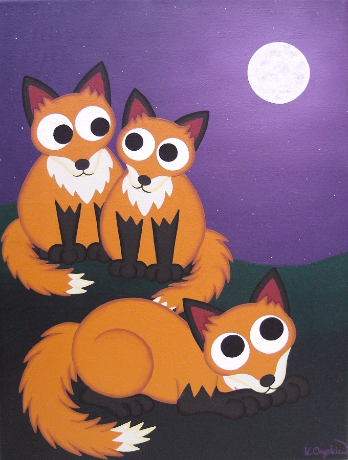 A painting of 3 cartoon foxes sat under a full moon in a purple starry sky