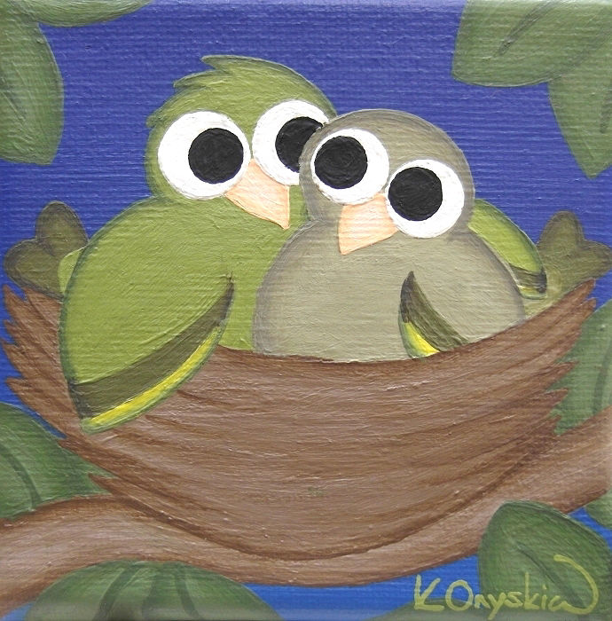A whimsical painting of a pair of greenfinches cuddled in a nest