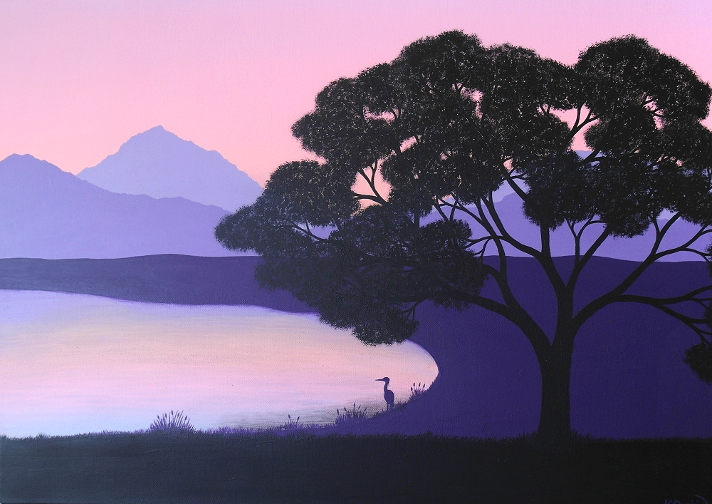 A painted Japanese landscape with the silhouette of a cherry blossom tree next to a lake, with a purple mountain range in the background and a pink purple morning sky above