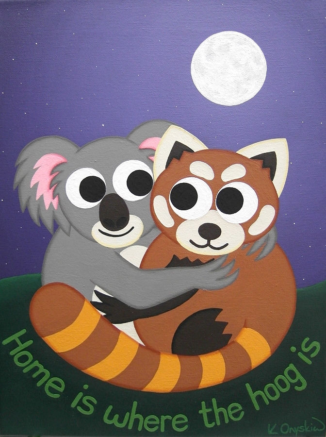 A painting of a cartoon koala and red panda hugging under a night sky with a full moon