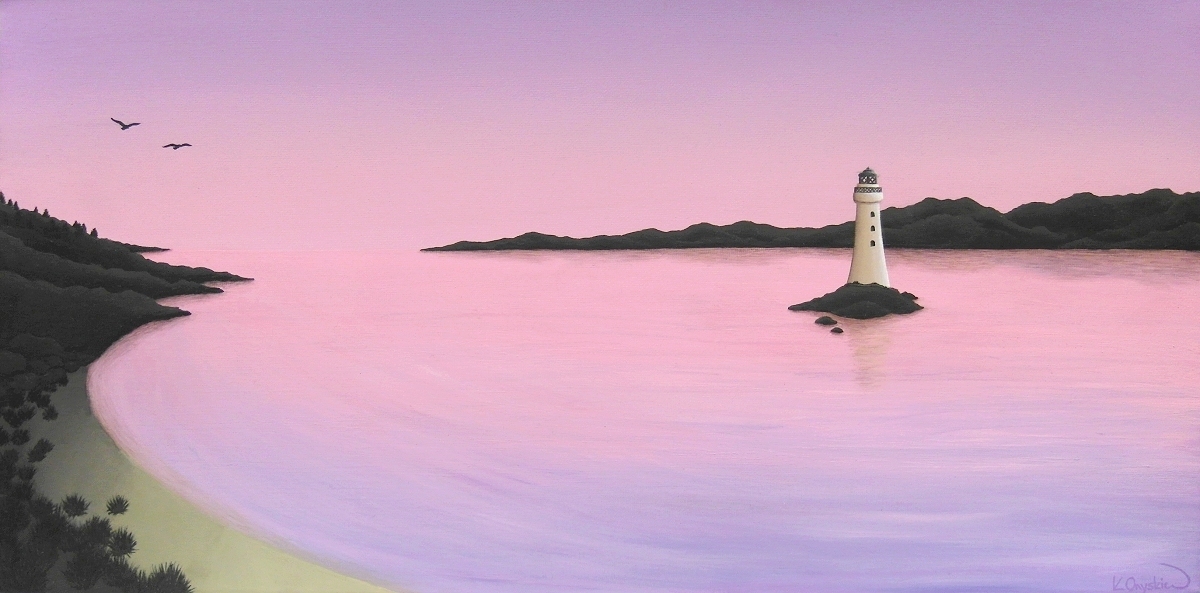 A painted morning scene of a lighthouse in the middle of an estuary, with the purple pink of the dawn sky reflected in the water