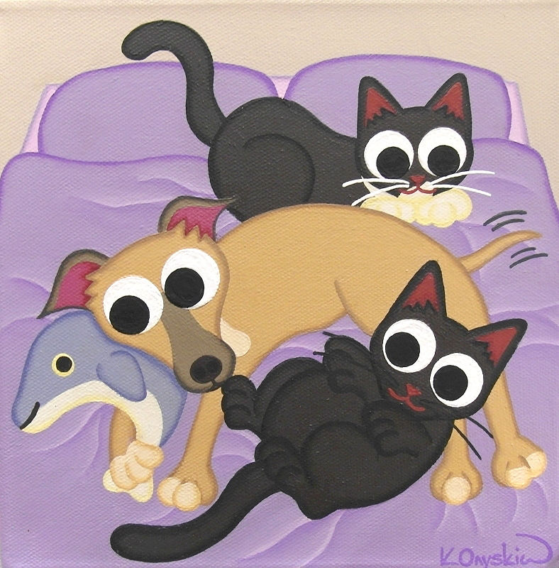 A cartoon painting of a cartoon lurcher dog lying on a bed with two cats and a toy dolphin