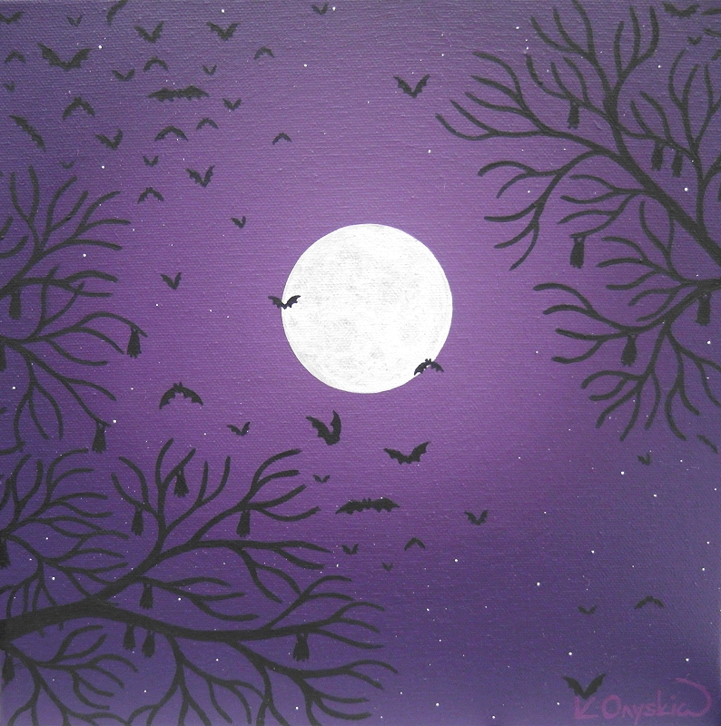 A purple painted night sky with a large full moon, around which a colony of bats are flying, waking from the silhouette of tree branches at the corners of the canvas