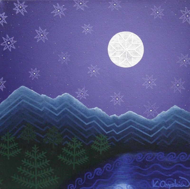 A night scene of a mountain lake under the moon and stars. Overlaying the landscape are patterns from Ukrainian pysanky that represent what is shown beneath