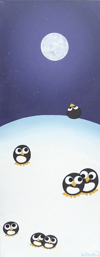 A tall painting with cartoon penguins stood on a snowy hill, with a full moon in the starry night sky above