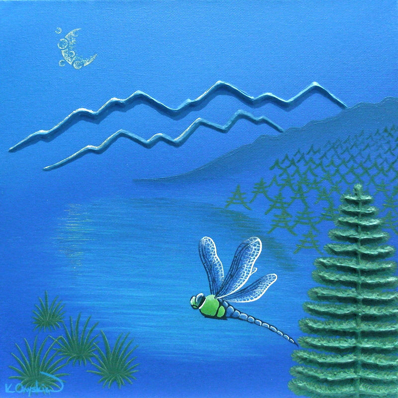 An abstract painted landscape of a blue mountain lake scene, with pine trees and a dragonfly in the foreground