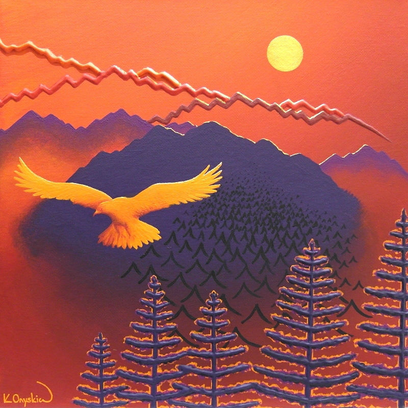 An abstract painted landscape of a mountain scene with an orange red background and purple mountains and pine trees, with an orange eagle flying in the foreground