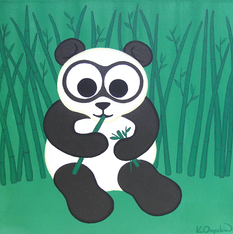 A painting of a cartoon panda sat amongst bamboo, eating the stems in its paws