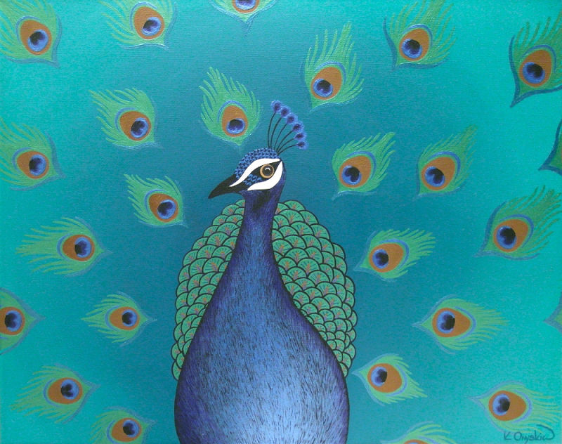 Stylised painting of a peacock with its tail on display