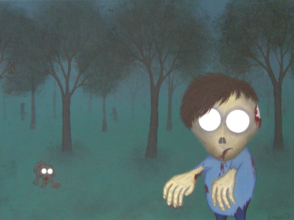 A dark painted woodland scene, with a cartoon zombie and zombie cat in the foreground, and the misty shapes of more zombies in the distant trees