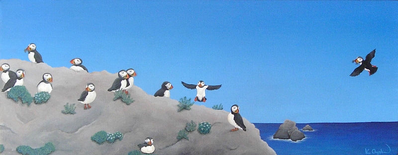 A painted coastal scene with a colony of puffins on a rock, in the distance is a blue sea under a clear blue sky