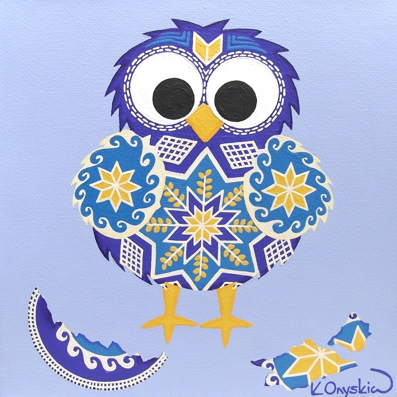 A blue and yellow cartoon chick, surrounded by pieces of cracked eggshell. Both the chick and egg have patterns of Ukrainian pysanky