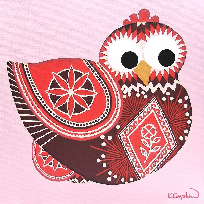 A cartoon chicken in red, white and burgundy sat on two eggs, both hen and eggs painted with the patterns of Ukrainian pysanky