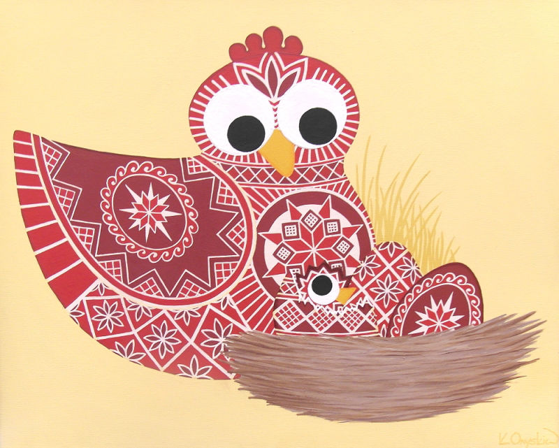 A cartoon scene of a red hen with a nest containing 3 red eggs, one of which has a chick hatching out. All eggs and birds are painted with the patterns found on Ukrainian pysanky