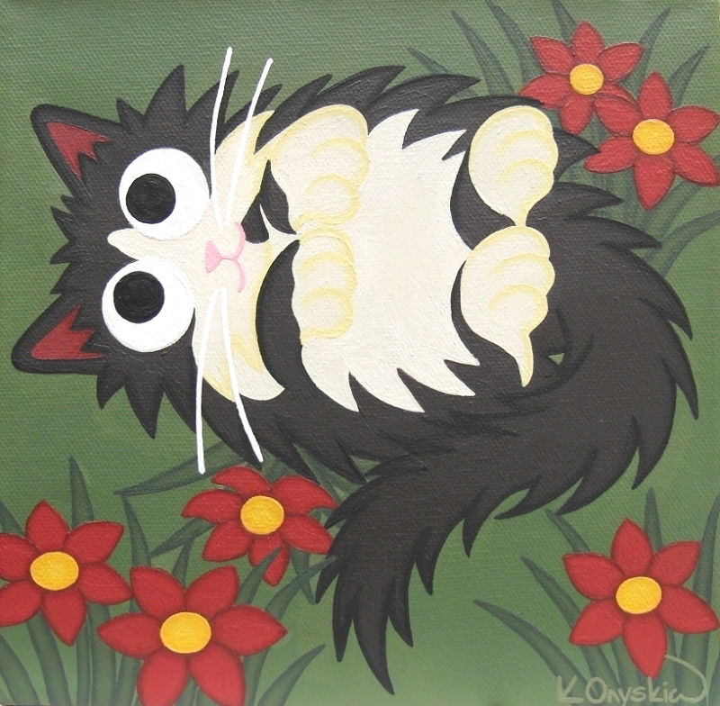 A cartoon painting of a black and white fluffly cat rolling over in the grass, surrounded by red flowers