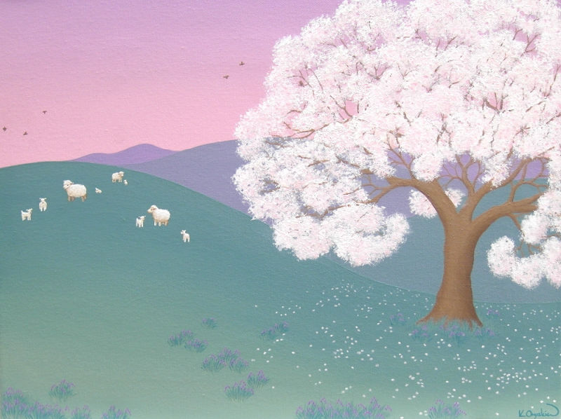 A painted scene of a cherry blossom tree flowering in a hilly landscape, with sheep in the distance and a pink purple dawn sky above