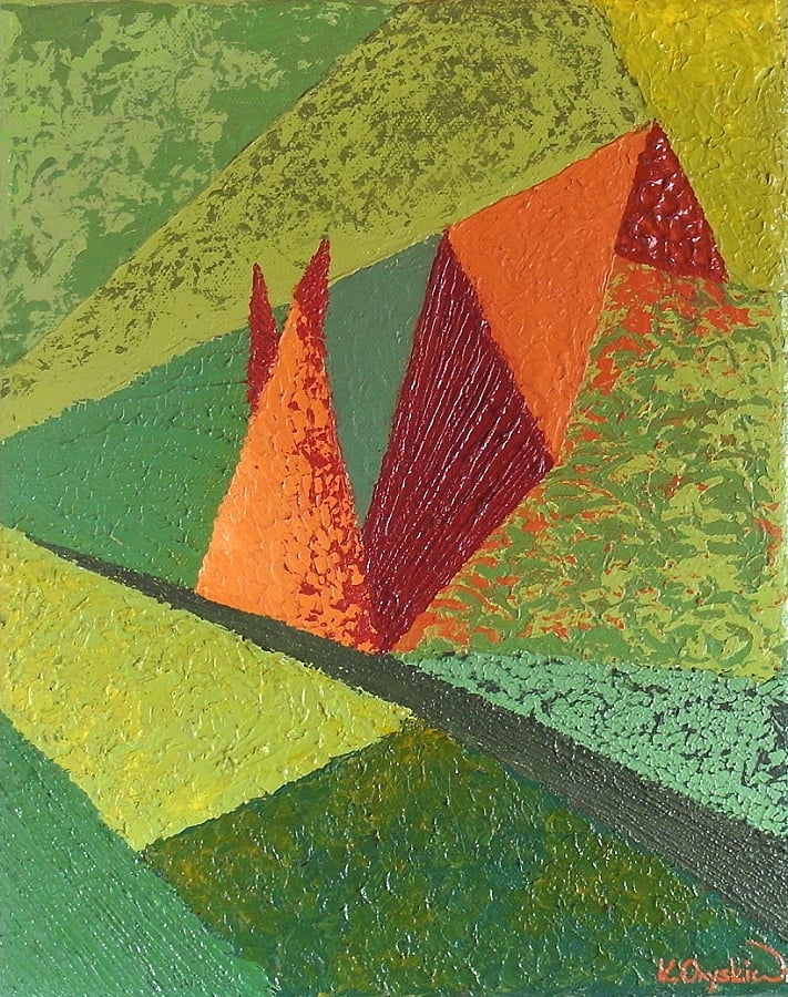 An abstract painting with orange and red shapes creating the form of a squirrel against a background of greens