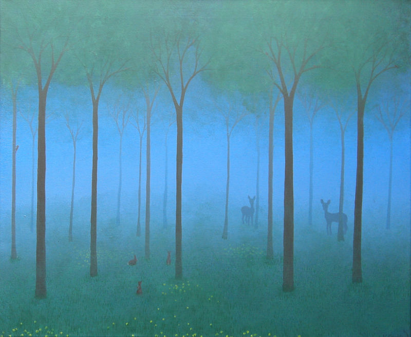 A painted landscape of a woodland, with rabbits in the foreground and the misty shapes of deer seen in the distance