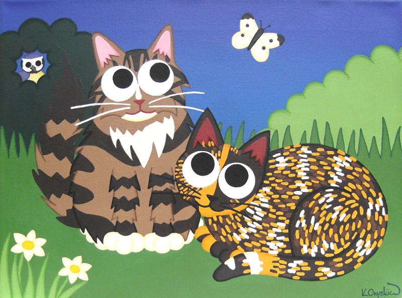 A cartoon painting of a longhaired tabby cat and a tortoiseshell cat sat in a garden watching a butterfly, with a blue tit sat in a bush in the background