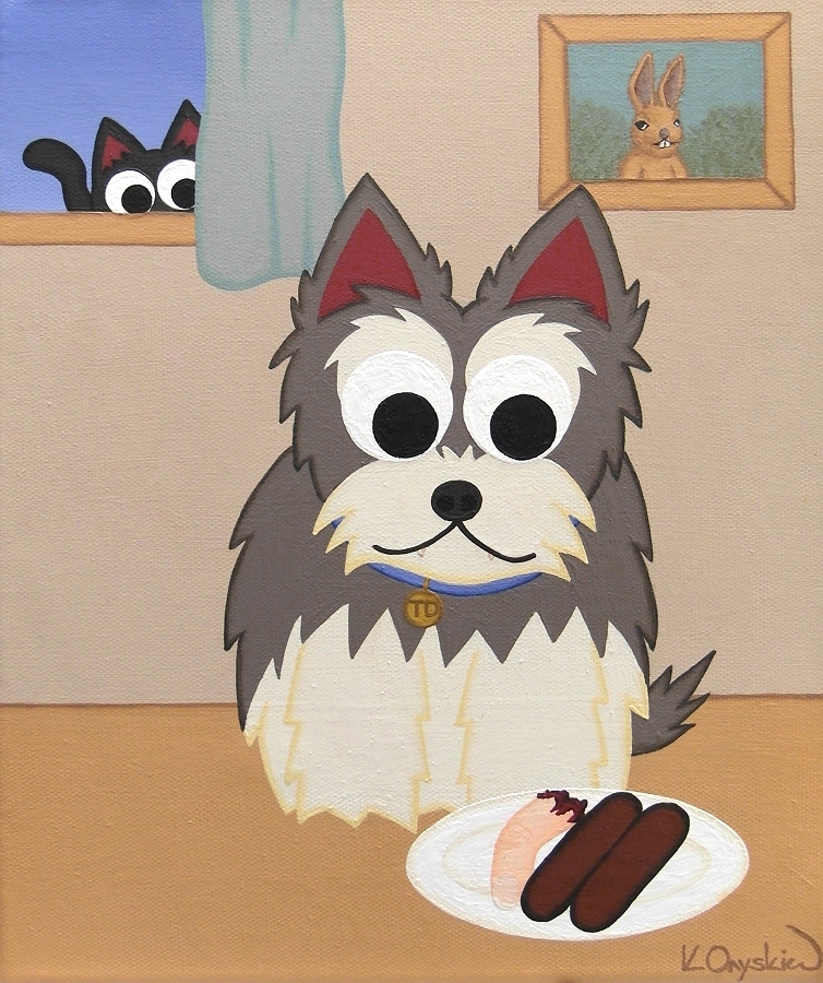 A cartoon pet portrait of a Yorkshire terrier sat in a room with a plate of sausages and one bitten off finger. A black cat is peeking through the window, and a picture of Hartley hare is on the wall