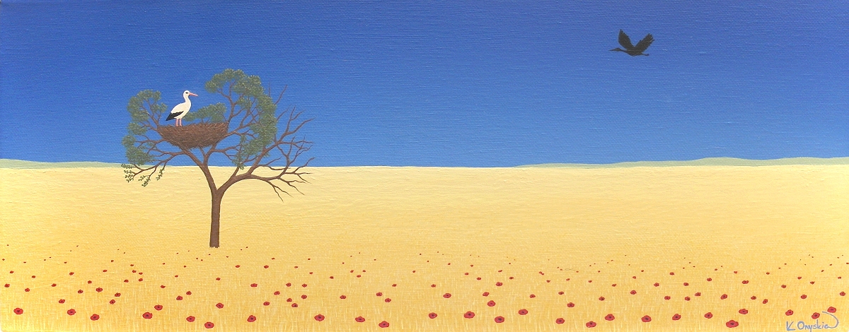 A landscape painting of a Ukrainian countryside, with a clear blue sky over a golden yellow field. Red poppies are in the foreground, and a tree is stood in the field with a storks nest. The tree has some bare branches and around the nest the leaves are starting to bud. One white stork is in the nest, and one stork is flying towards the nest