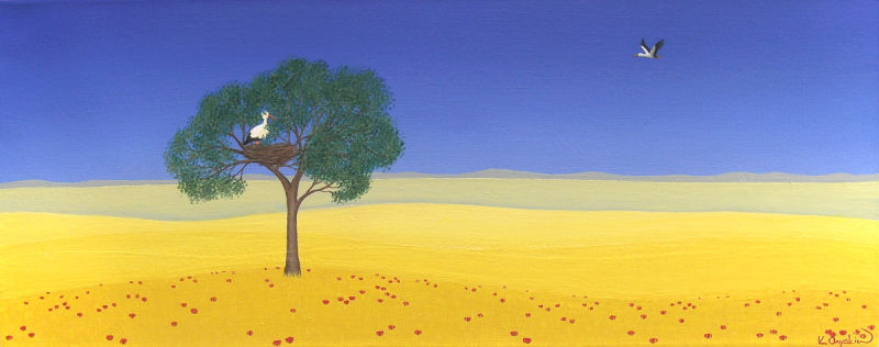 A painted landscape showing yellow fields under a clear blue sky, as in the Ukrainian flag. In the foreground red poppies can be seen growing in amongst the crops, and a tree in the field contains nesting storks