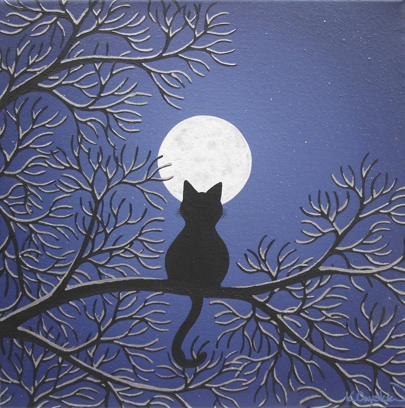 A painted night scene with the silhouette of a cat sat in snow covered tree branches, looking up at a full moon