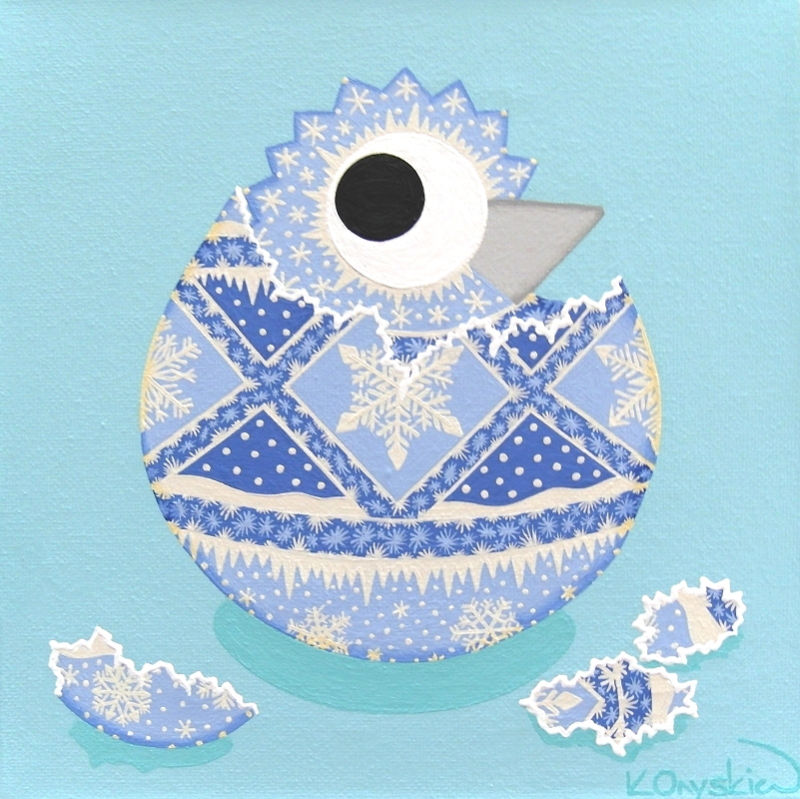 A cartoon chick is shown hatching out of an egg, both the chick and the egg are decorated with blue and white icy patterns