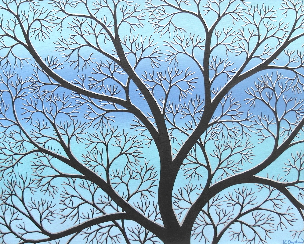 Black stylised tree branches with a silver snow line, against a background of blurred lines of blue and turquoise