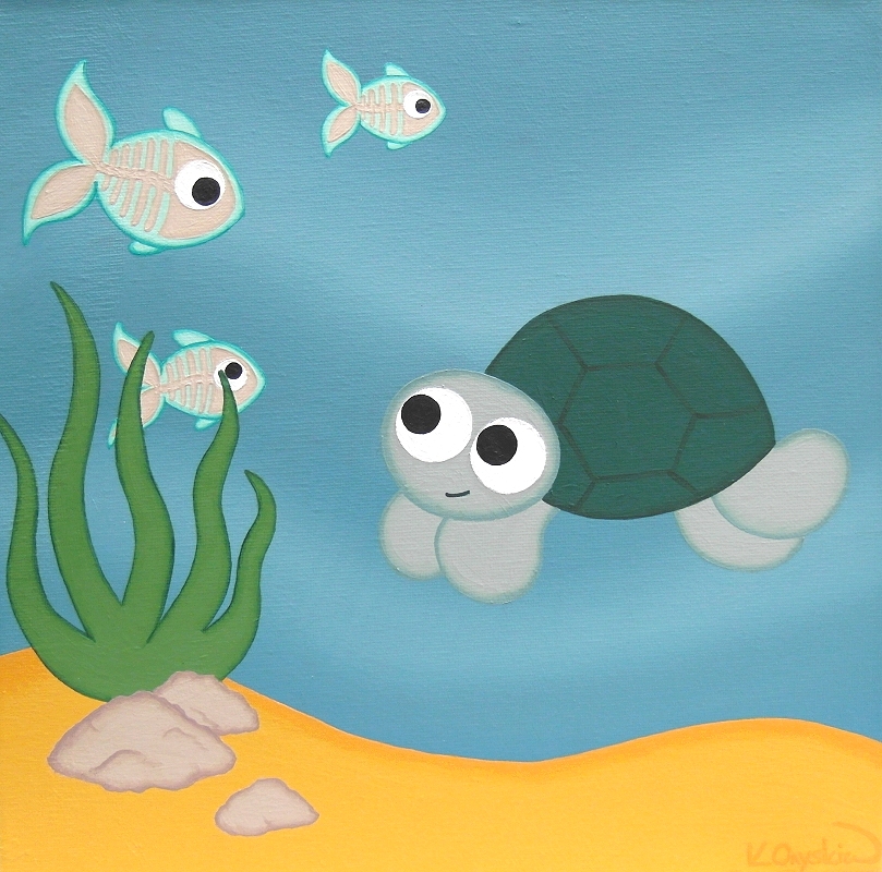 A cartoon underwater scene of a turtle looking at three x-ray fish, where the bones can be seen through their skin